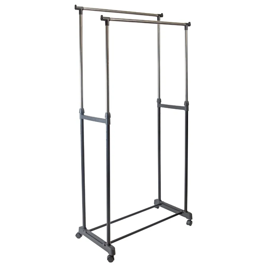 Double Tier Adjustable Height Rolling Garment Rack Metal Black and Silver 4
