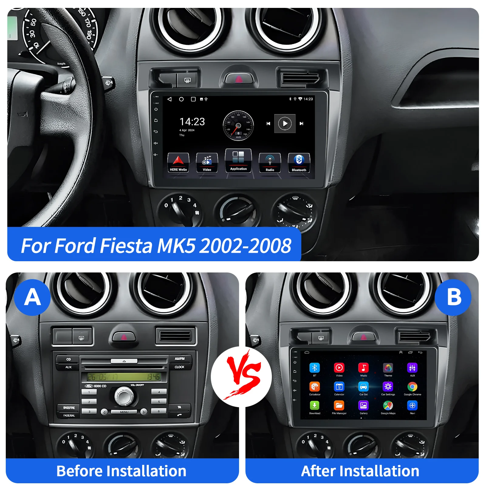 ESSGOO 9" For Ford Fiesta MK5 2002-08 Android 14 Car Stereo Radio Carplay Android Auto GPS Navigation BT FM WiFi RDS Mirror Link