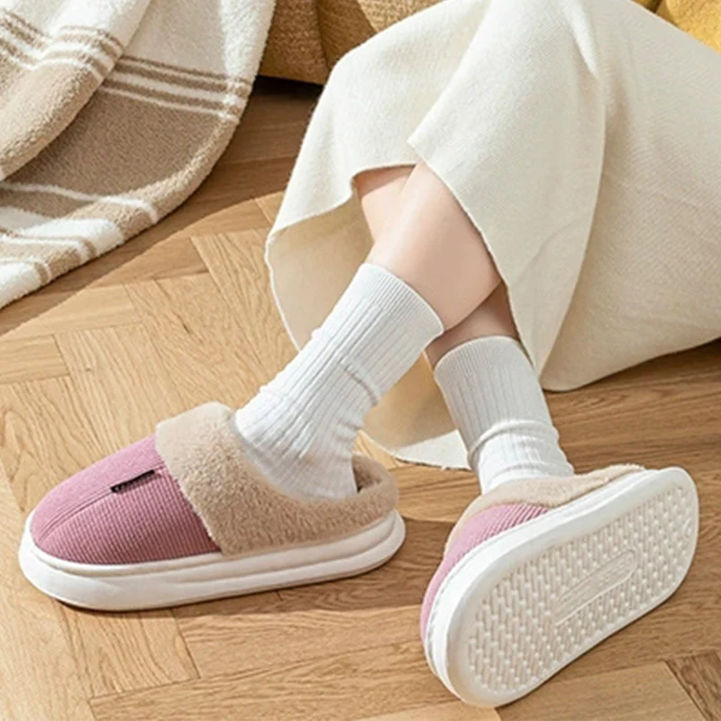 Thick Bottom Fluffy Slippers for Women Corduroy Thick Plush Warm Cotton Slippers Woman Indoor Light Non Slip Home Slides Female