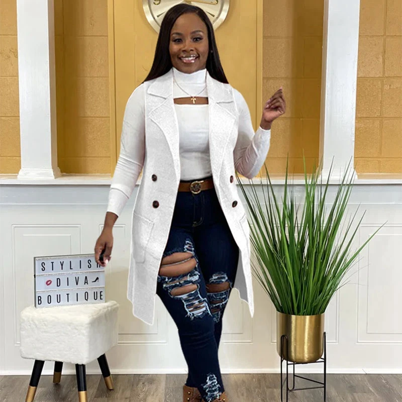 Women Solid Knitted Rib Sleeveless Vest Double Breasted Notched Neck Oversized Sweater Cardigan Vest Casual Outwear Trench