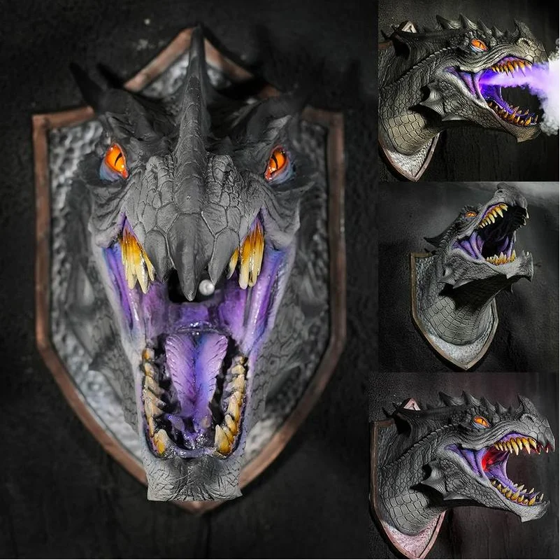 [Funny] Led Light And Spray Dinosaur Head Wall Pendant Action Figure Toys Dragon Legends Prop Statue Collection Decorazione Della Casa