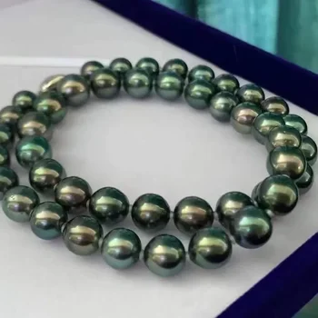 Fine 12-13mm Natural Pearl Necklace for Women Round Black Peacock Green Beads Wedding Party Jewelry Gifts Silver Clasp