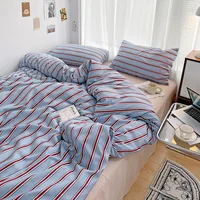Ensemble de literie quatre pièces en coton lavé, housse simple à rayures rouges et bleues, drap de lit pour le lit 3