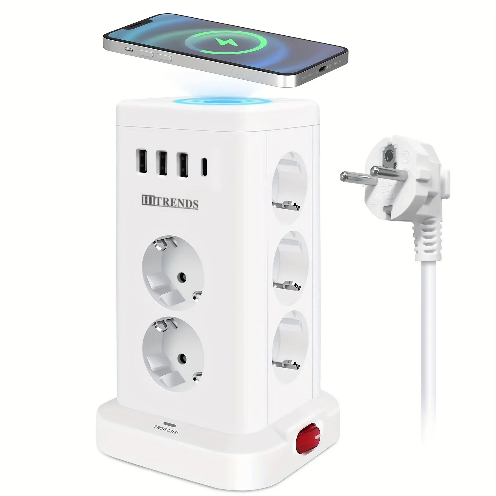 [Wireless Charger] 11-Way Power Socket, Multi-Way Socket with Sensor Charging Station, Surge Protection Socket Tower with 3 Usb-A, 1 Usb-C and Switch for Office, Kitchen, Dining Table, 2m Cable