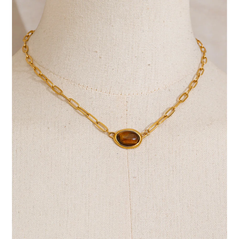 Yhpup Natural Tiger Stone Pendant Necklace for Women