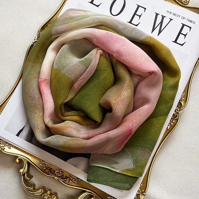 New Fashion Green Grass Women Chiffon Individuality Lotus Flower Georgette Bandana Scarf Summer Beach Sunscreen Thin hijab