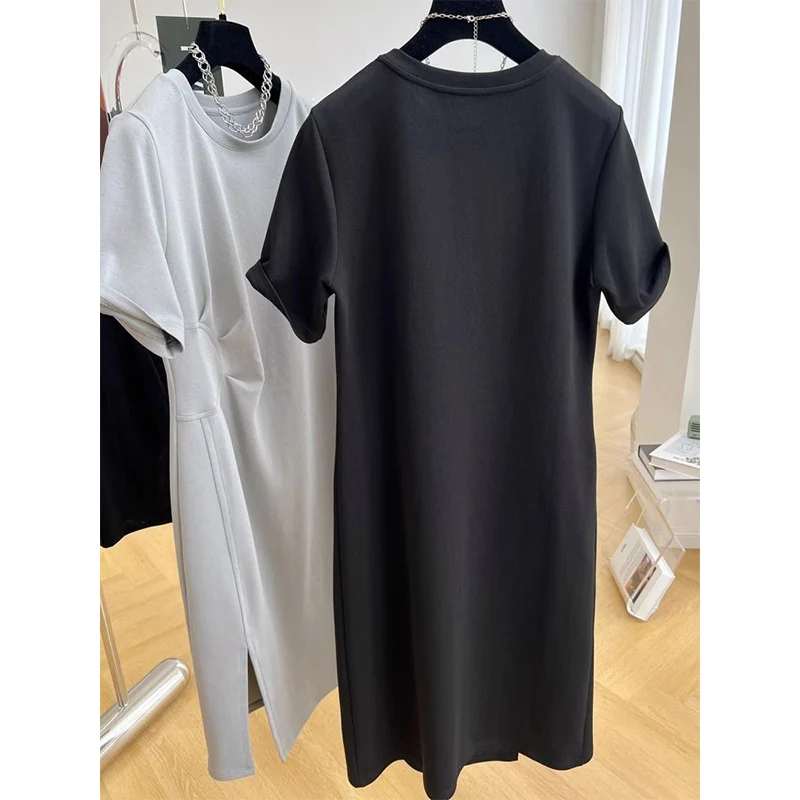 여성용 기본 롱 스플릿 티셔츠, 루즈 캐주얼, 단색, 심플 튜닉, O넥, 시크 커버, 엉덩이 상의, 여름 의류