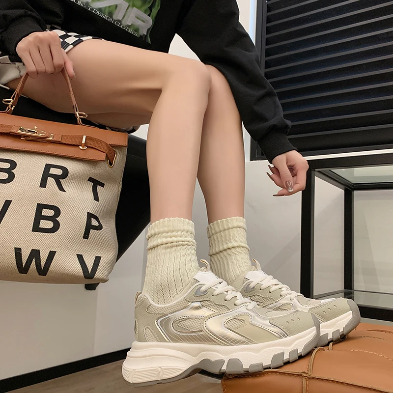 Size 35-40 Women Casual Sneakers Real Leather Ladies Thick Heels Pump Shoes 2024 Spring Tannis Athletic Workout Daily Dress