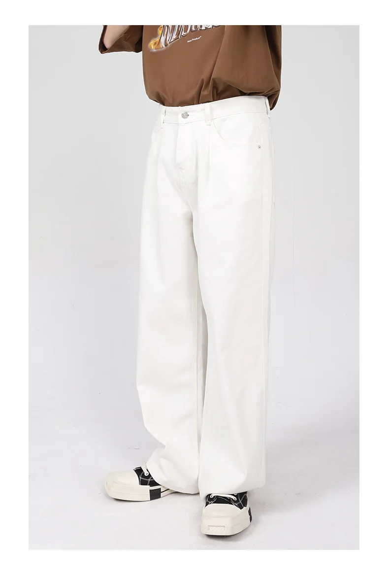 

Big size wash skater men's white baggy jeans, waist adjustable hip hop pants, casual work wear