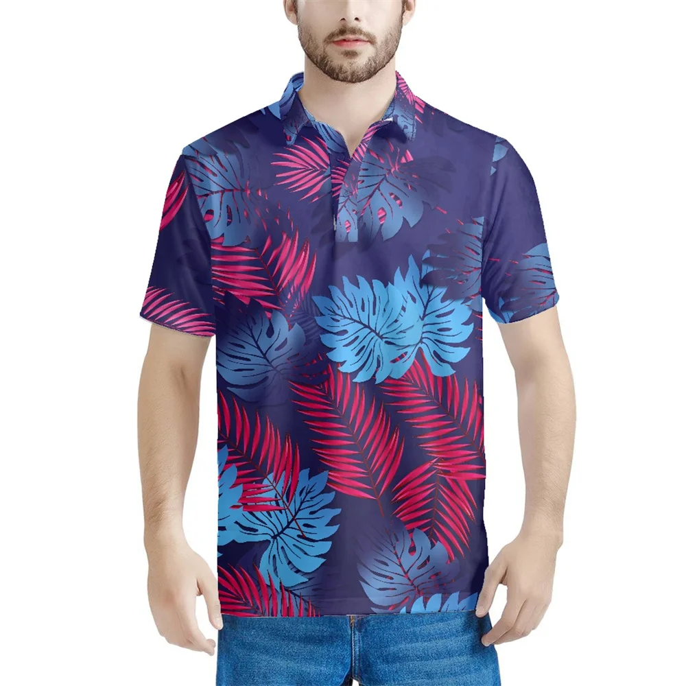 

Mens Polos New Summer Fashion Polynesian Tribal Hawaiian Purple Monster Palm Leaves Print Custom Men Clothing Print On Demand