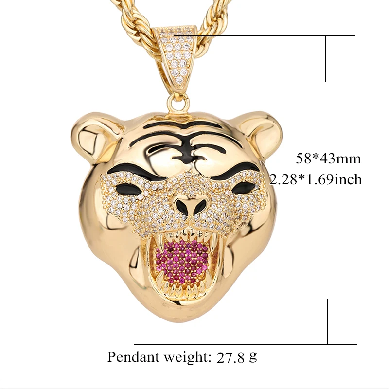 

New Arrival Hip Hop 14k Gold Plated Tiger head cubic zirconia Copper Pendants and Necklaces