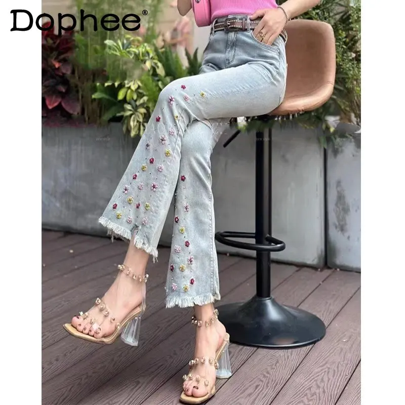 

Exquisite Embroidered Flowers Tasseled Jeans Women Trousers 2023 Summer New Retro Cotton Stretch Bell-bottoms Pants High Street