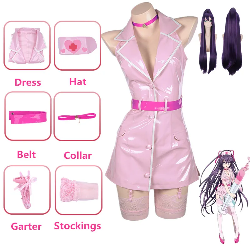 Anime Date A Live Princess Yatogami Tohka Cosplay Costume Set Pink Leather Sexy Dresses Halloween Clothes Long Wig For Women