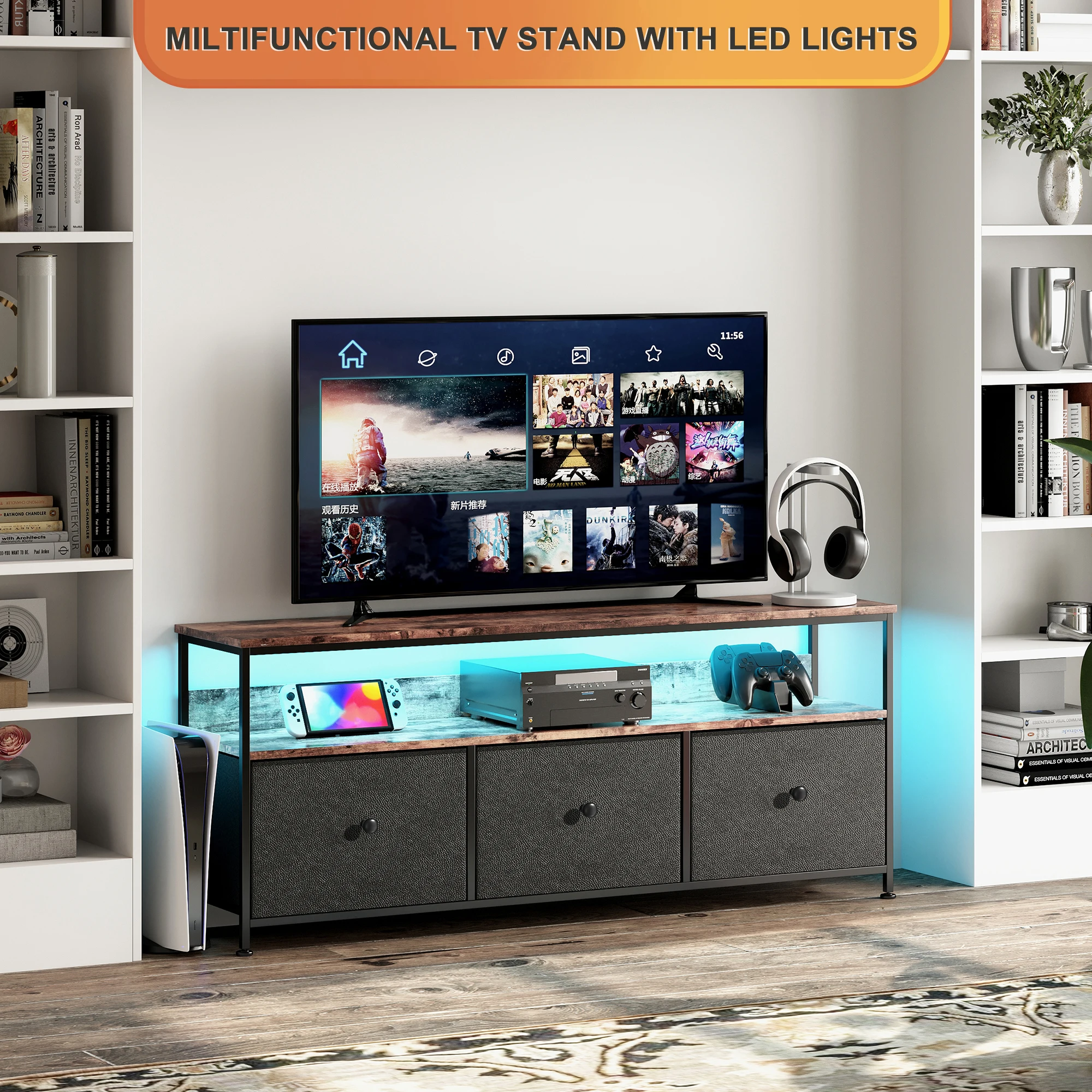Comanlai TV-Schrank mit LED-Beleuchtung, Kommode aus Stoff, niedriger Retro-Aufbewahrungsschrank, vielseitig einsetzbar für das Wohnzimmer – Detail 4