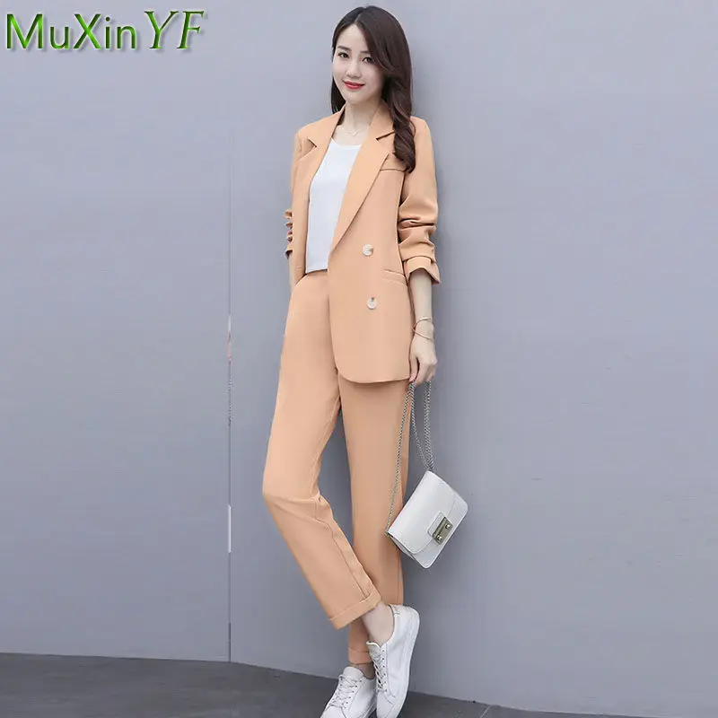 Korean Fashion Women Two Pieces Pants Set 2022 Spring Autumn Office Lady Graceful Blue Suit Coats+Trousers Sets OL Clothing New
