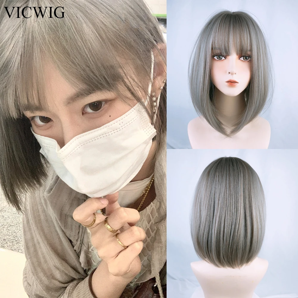

VICWIG Short Straight Synthetic with Bangs Bob Women Gray Ombre Natural Heat Resistant Hair Wig for Daily Party