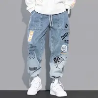 Vêtements coréens hommes lettre imprimé jean taille haute Baggy jean dessin animé Graffiti Hip-Hop pantalon jean bleu 1