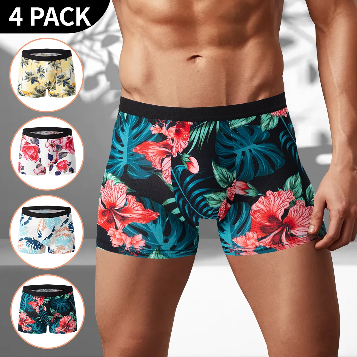Printed Boyshort Underwear 4-piece MEN'S Comfortable and Fashionable Plus-size Printed Boyshort Maximum 6XL Swimming Trunks for Teenagers