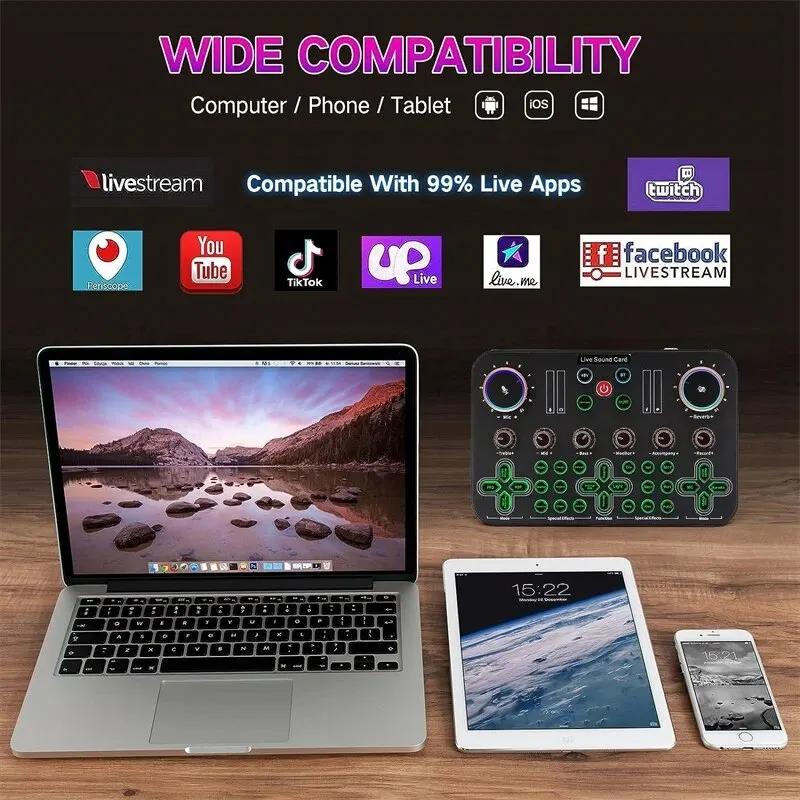 Live Sound Card Audio Interface Mixer DJ Digital Effect Noise Reduction Console USB Record For Singing