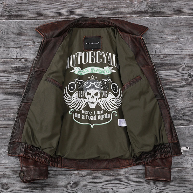 Men Stone Distressed Genuine Leather Jacket Top Layer Cowhide Air Force Flight Vintage Fashion Redbrown