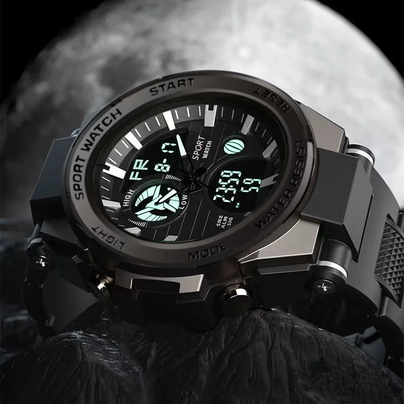 Men's electronic watch multifunctional youth outdoor sports luminous quartz dual display watch