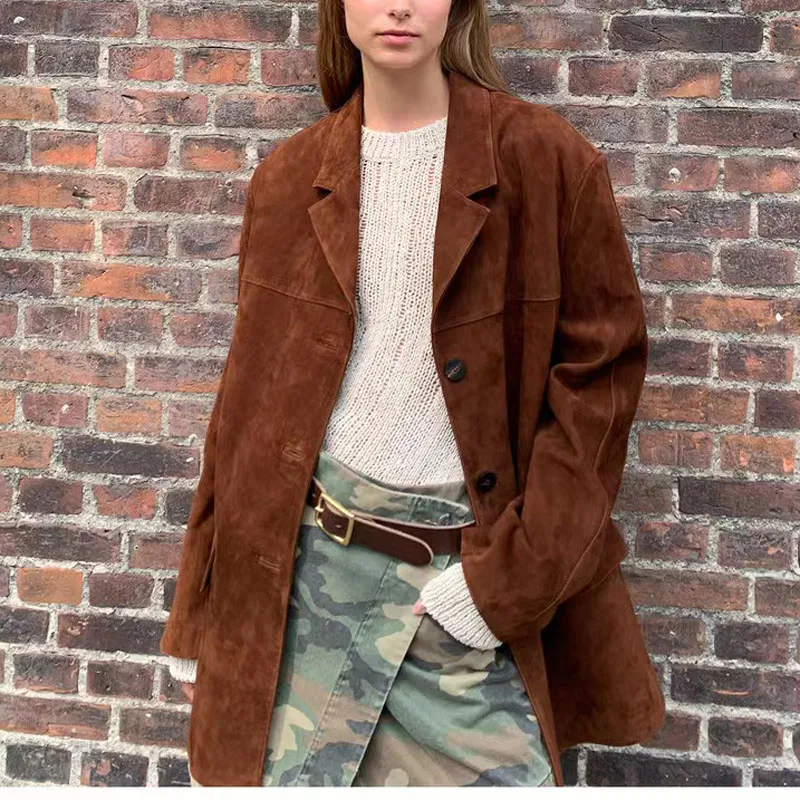 Vintage Brown Kid Suede Jacket for Women 2023 New High Sense Loose Oversized Leather Suit Blazer Female Casual Coat Streetwear 2