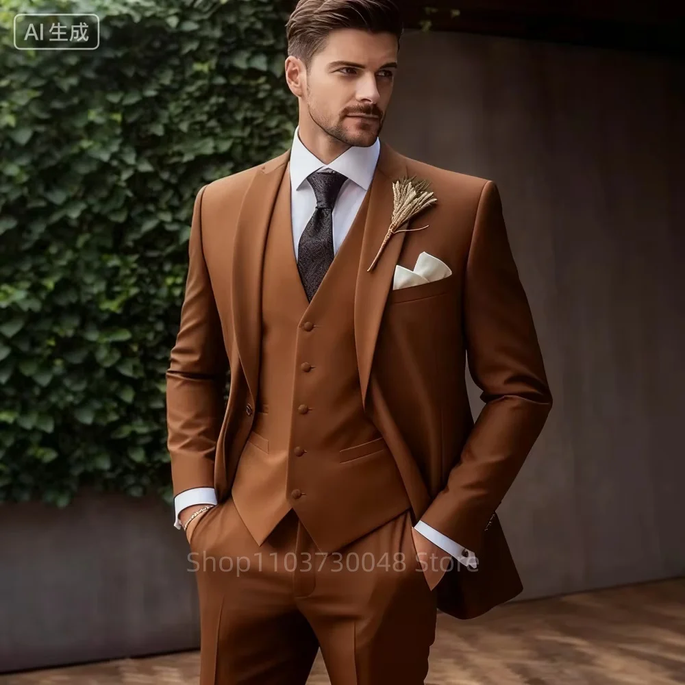 Luxury Solid 3-Piece Men's Tuxedo Suits Slim Fit Peak Lapel Blazer Vest And Pants Set for Prom Wedding Business Men Clothes