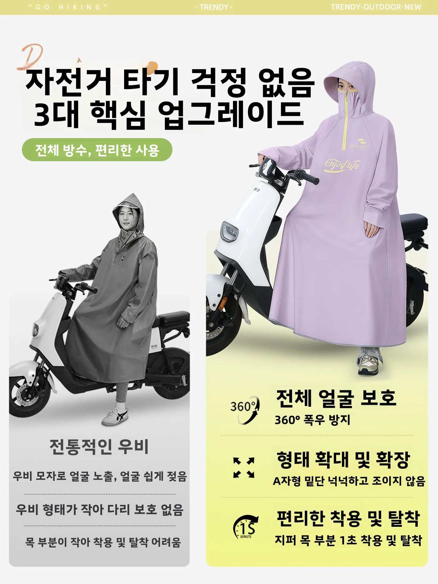 여성용 롱 전기차 레인코트 전신 방수 성인용 아우터 싱글 라이더 전용 일체형 레인코트 (자전거용)