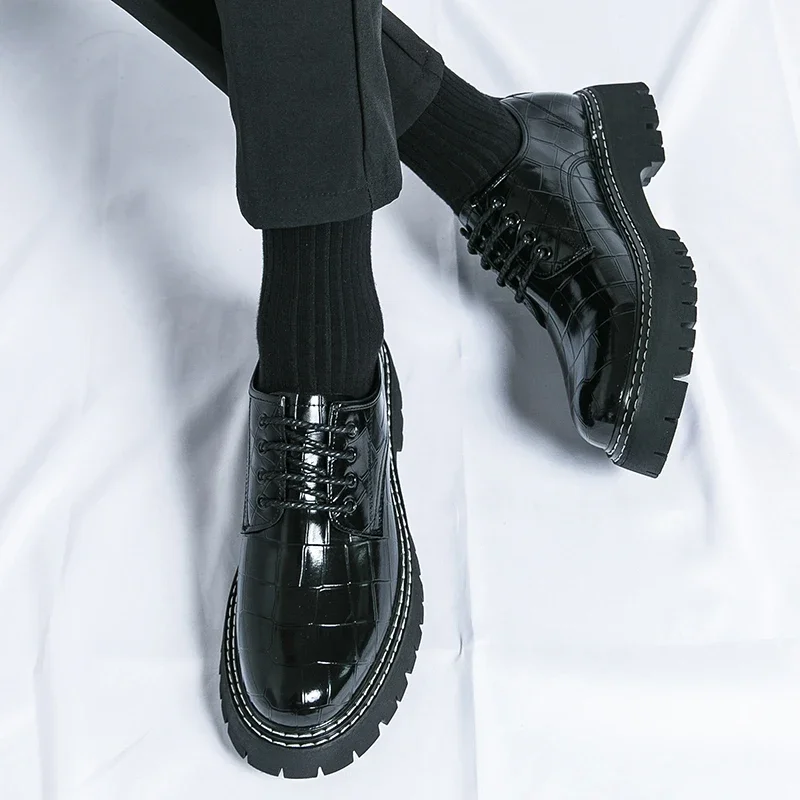 Men Shoes Lace-up Round Toe Stone Pattern Dress Shoes Size 38-46