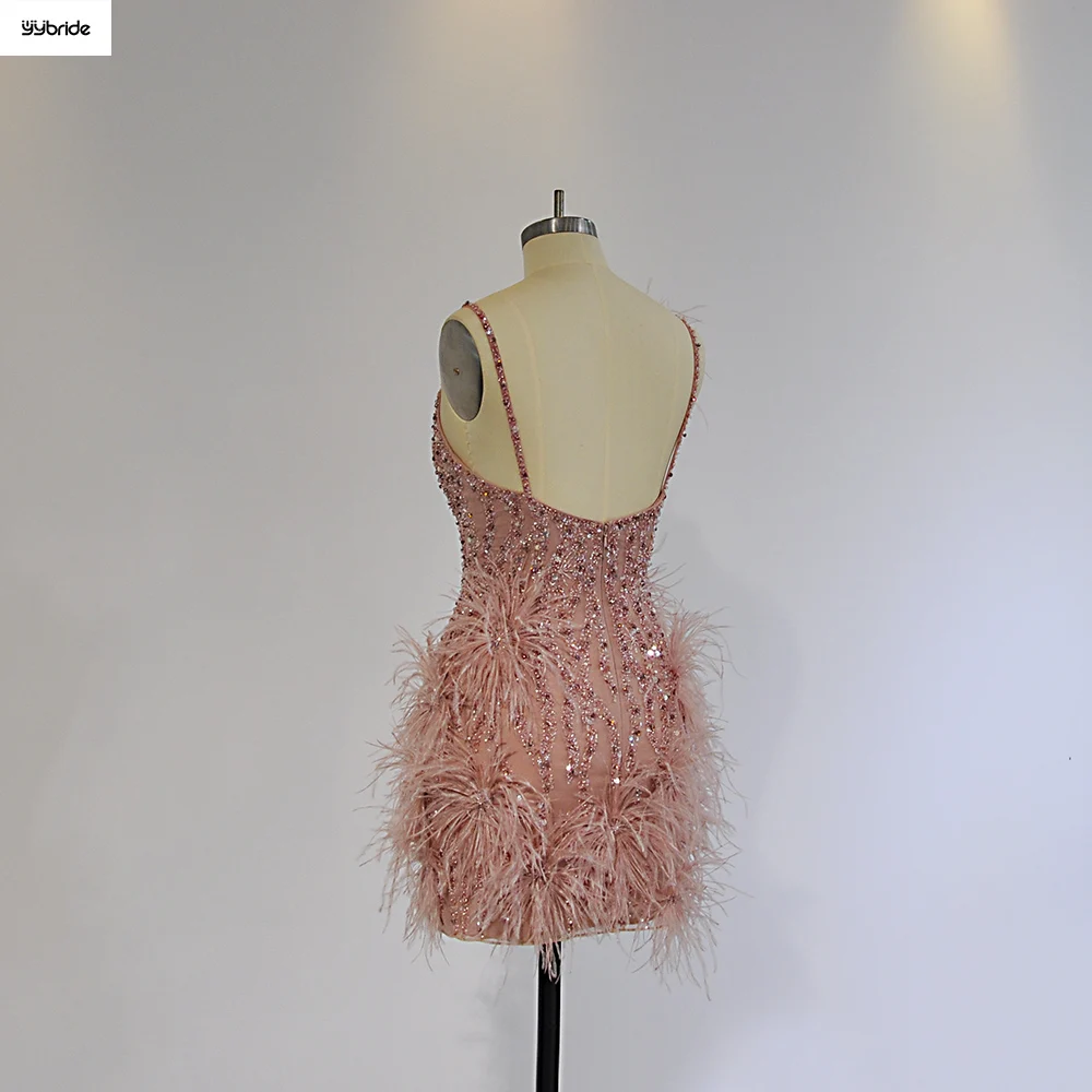 YYbride Newest Pink Feathers Beading Crystals V-neck Backless Sexy Young Girls Mini Cocktail Dresses