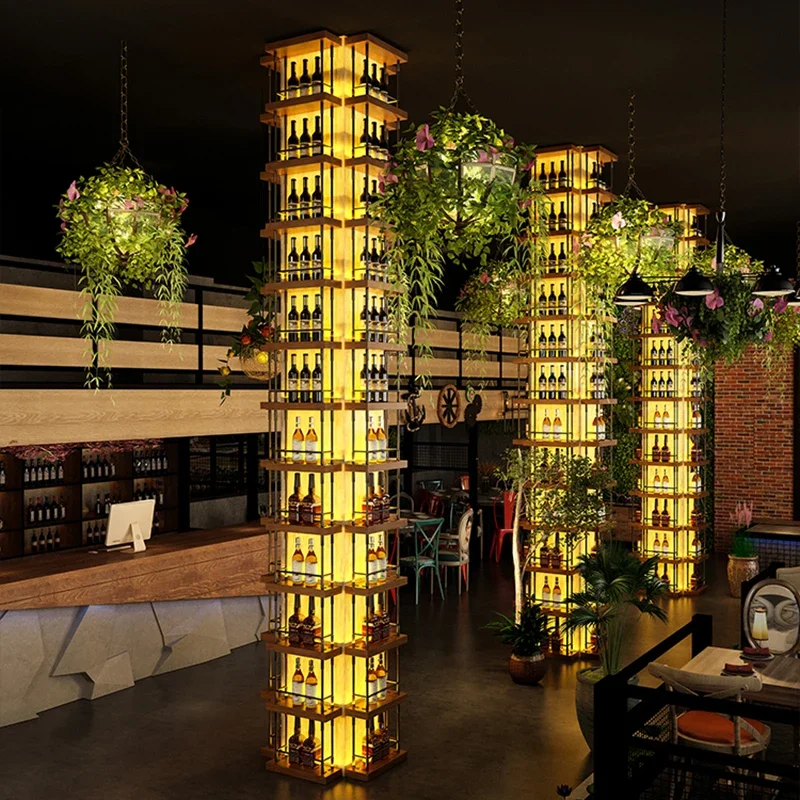 Iron Bar Wall Wine Rack Light Hanging Storage Display Cabinet Shelves Corner Commercial Botellero De Madera Wine Rack Floor