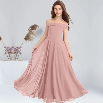 A-line Off the Shoulder Floor-Length Chiffon Junior Bridesmaid Dresses Cabernet Flower Girl Dress Wedding Junior Party Dress 1