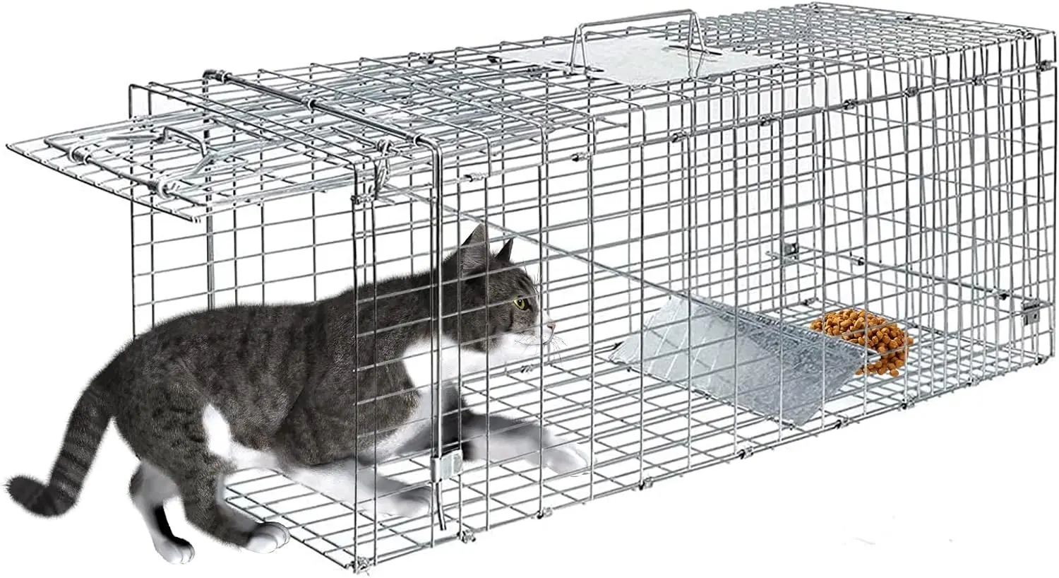 Cage Trap for Live Animals 32"X13"X11" Cat Trap Cage Large Foldable Steel for Rabbit, Groundhog, Squirrel, Raccoon, Mole,Cat