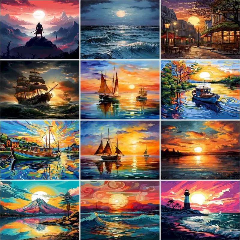 

CHENISTORY Frame Coloring By Number Sunset Sailing Scenery Kits Painting By Number Modern Drawing On Canvas Handpainted Art Gift