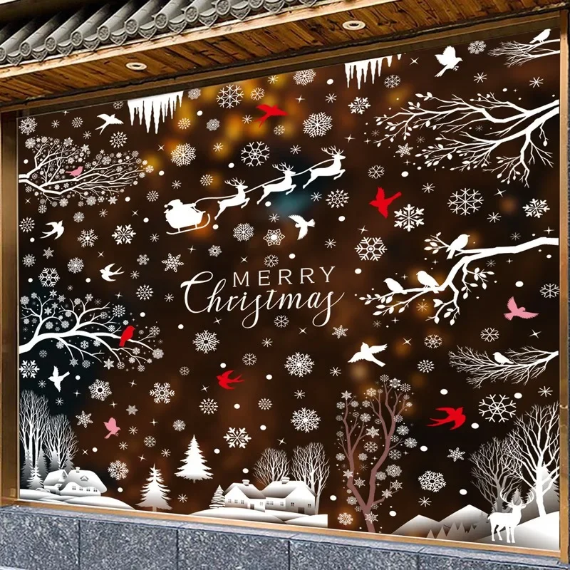Christmas Stickers Winter Snowflake Santa Claus Xmas Tree Branch Window Glass Merry Christmas Decor Happy New Year