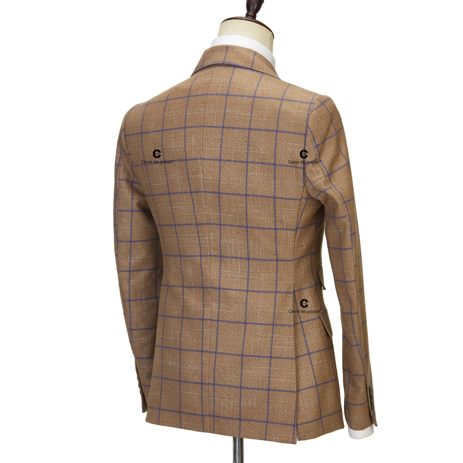 Cenne Des Graoom 2023 New Brown Plaid Suits for Men Double Breasted 2 Pcs Set Blazer Jacket Pants Wedding Party Meeting Office 5