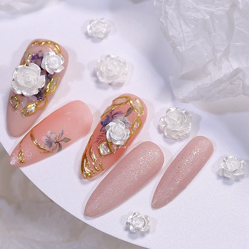50PCS 6/8/10MM 화이트 로즈 꽃 결혼식 네일 아트 장식에 대 한 매력 3D 수 지 오로라와 유약 된 꽃잎 꽃 진주 구슬
