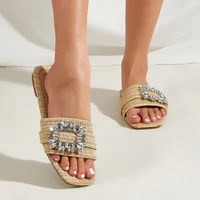 Aneikeh Summer Casual Fashion Square Headed Cane Knitted Flat Heels for Women Slippers Flat Bottom Crystal Sandals Beach Slides - Image 4