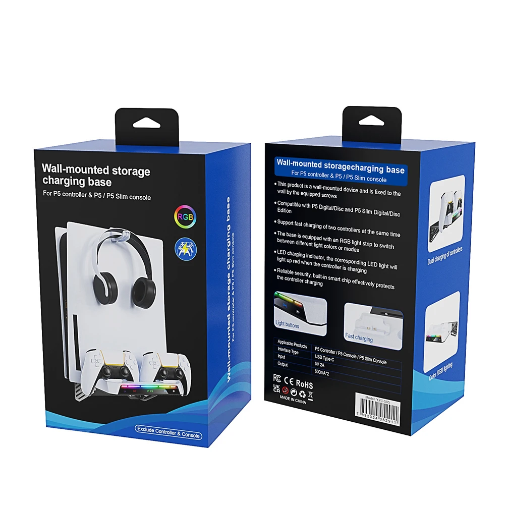 Wall Mount Kit For PS5/PS5 Slim Console with RGB Light Charging Station Headset Hanger For PS5 Dual Controller Accessories