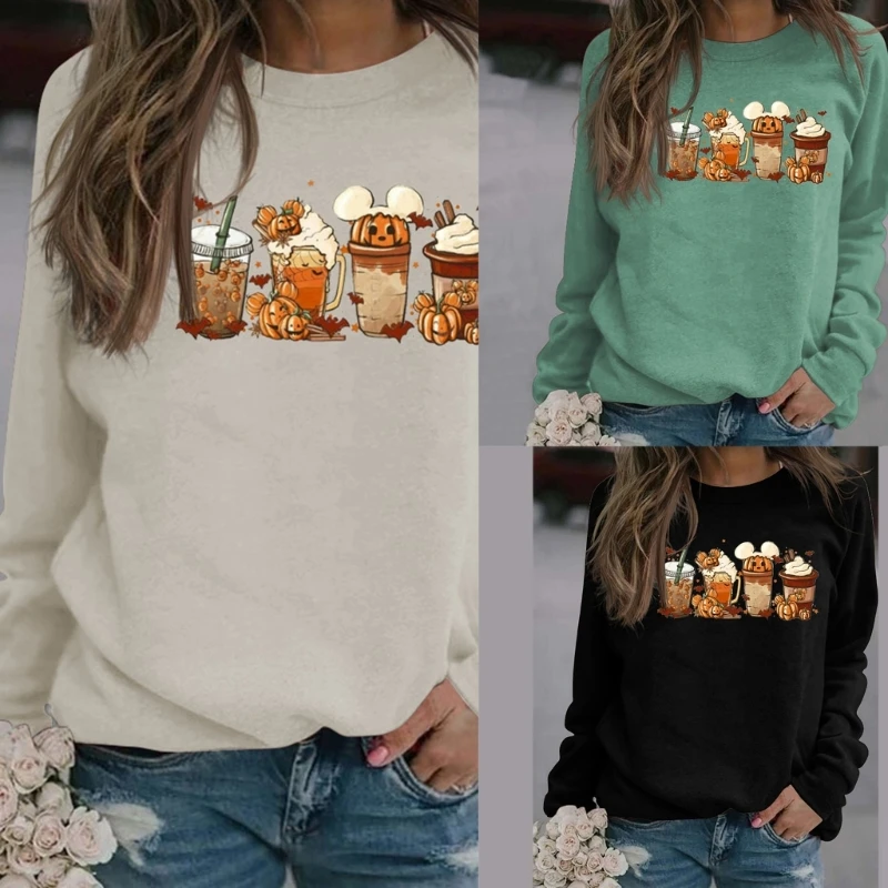 Pumpkin Coffee Printed Round Neck Long Sleeves Top for Daily Wearing Student Dropship