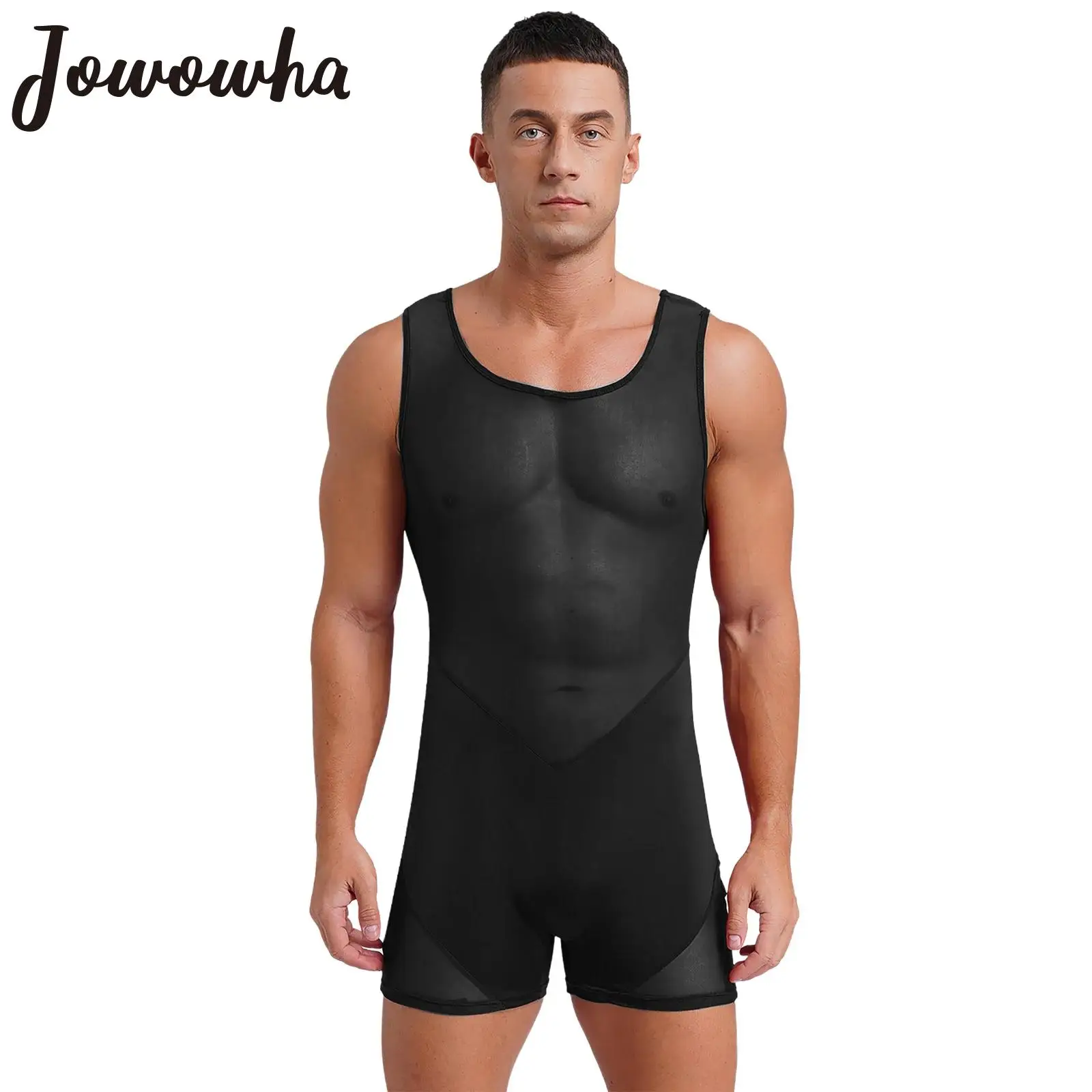 

Mens See-through Mesh Jumpsuit Sleeveless Breathable Wrestling Bodysuit Rompers Gymnastics Bodybuilding Fitness Yoga Swimwear