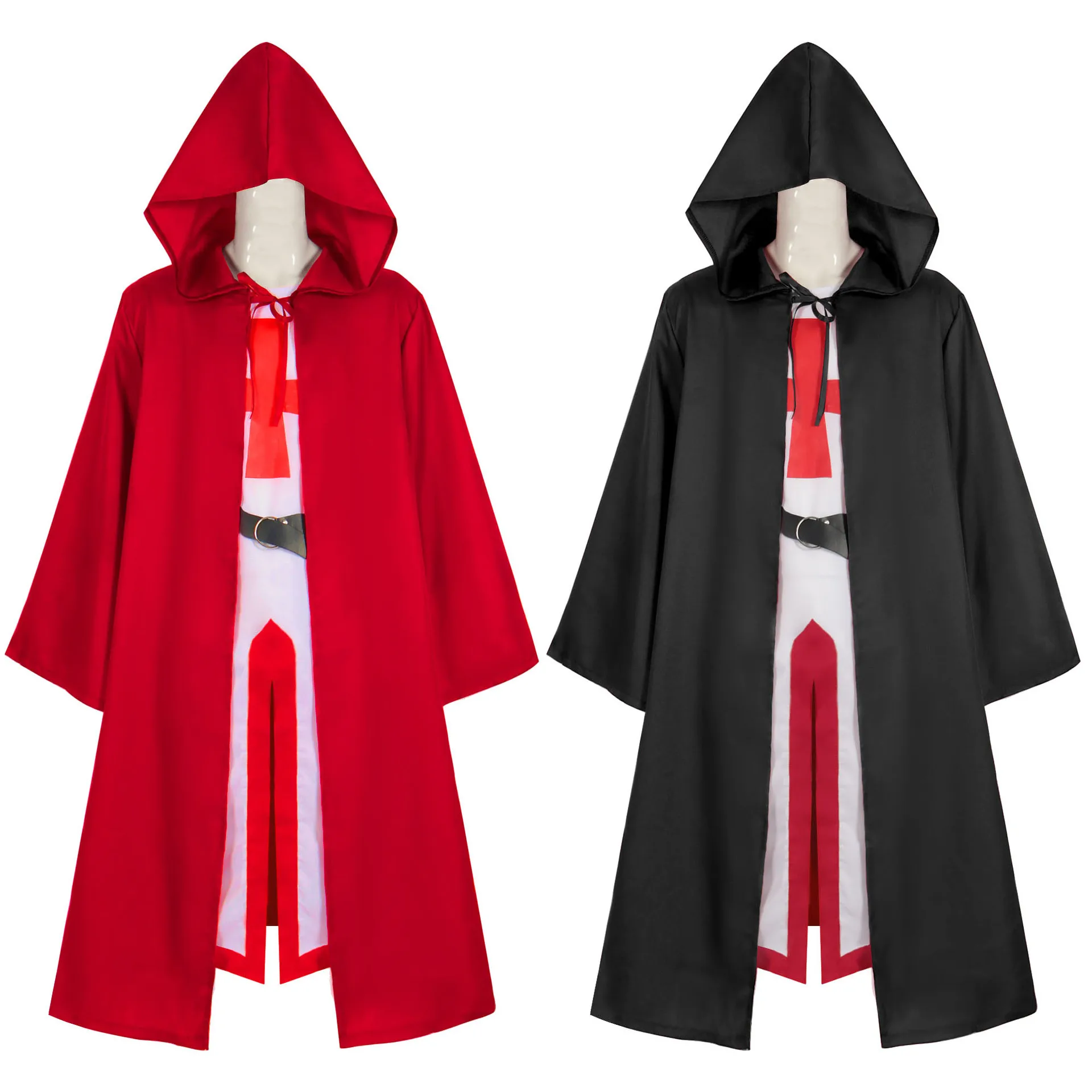 Фото Мужской средневековый крестовый Рыцари Templar Туника Косплей костюмы Ренессанс Хэллоуин сюрпальто воин черный чумный плащ верхний пояс №4