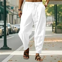 New Cotton Linen Mens Pants Casual Solid Color Breathable Streetwear Loose Straight Drawstring Baggy Lightweight Sport Pants