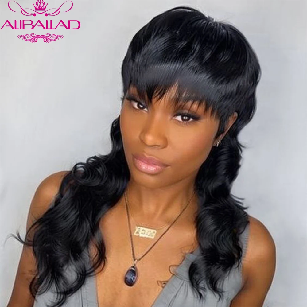 

Mullet Wigs Human Hair Short Pixie Cut Wigs Full Machine Made Wig With Bangs Dovetail Straight Brazilian Remy Hair For Women