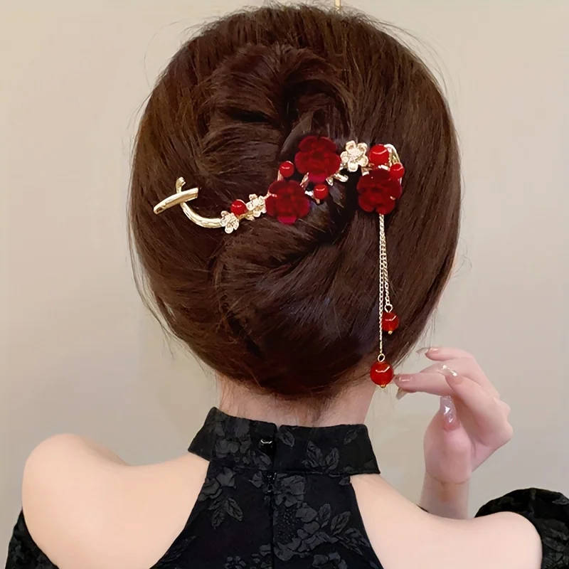 

Flocking Plum Twist Clip Elegant Retro Imitation Pearl Tassel Metal One Word Clip Back Head Decoration Banana Clip