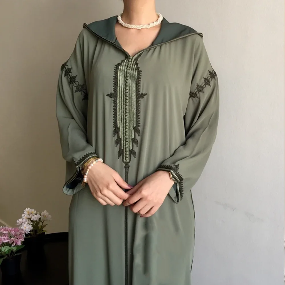 Abaya For Women Dubai Middle East Arab Hooded Jellaba Ramadan Eid Loose Women Robe Green Long Sleeves V-neck Women Clothing