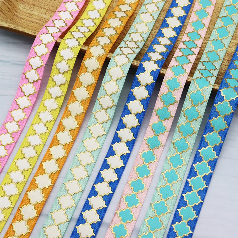 

5/8" 15mm Gold Foil Clover Quatrefoil Ink Printed FOE Fold Over Elastic Bands Ribbon For Hair Accessories DIY Sewing Decoration