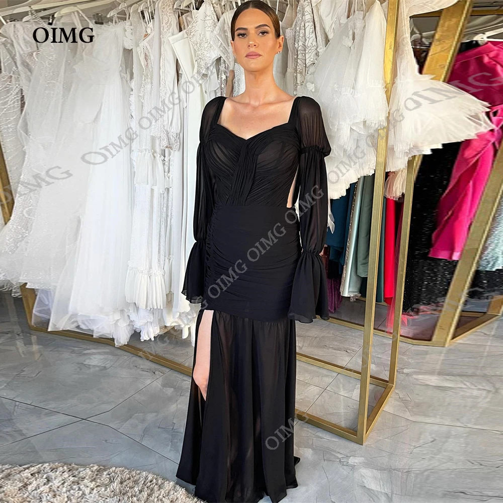 

Простые черные вечерние платья OIMG с длинным рукавом, шифоновые женские платья с разрезом по бокам для выпускного вечера, строгие платья для ночного мероприятия