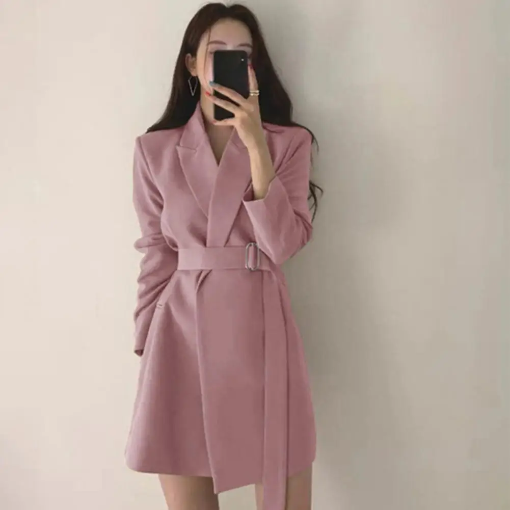 

Women Blazer Lapel Long Sleeve Belted Tight Waist Solid Color OL Style Formal Business Vintage Korean Commute Lady Suit Coat