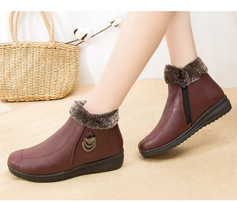 2025 Top Quality Mom Leather Ankle Boots Women Non-slip Winter Fur Snow Boots Female Wedge Oxford Sneakers Womens Winter Shoes